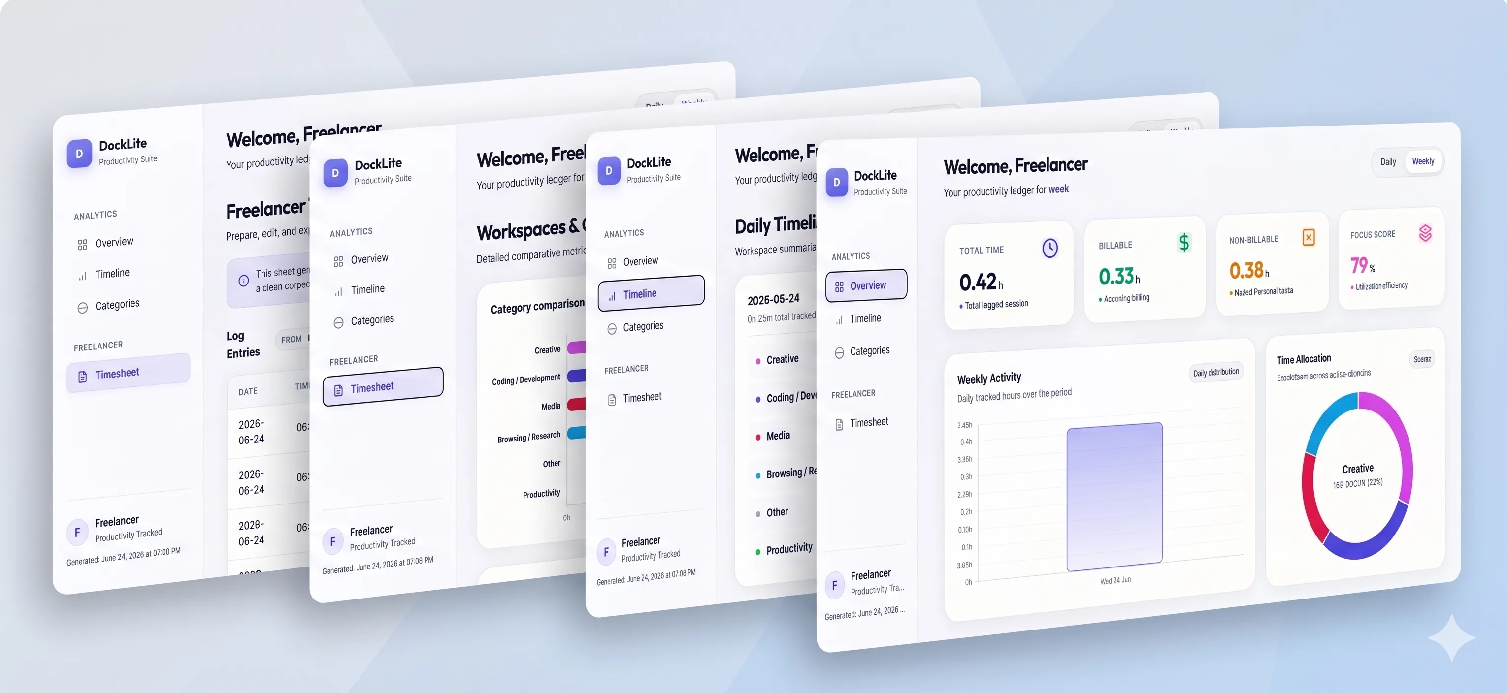 DockLite freelancer timesheet dashboard with overview, timeline, categories, and export controls